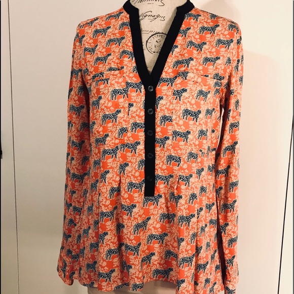 VanessaVirginia Tops - ANTHROPOLOGIE Tiger Blouse in bright orange & navy